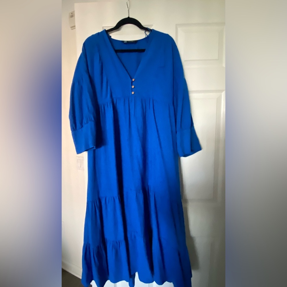 Zara Cobalt Linen/Viscose Blend Midi Dress. - Picture 2 of 5